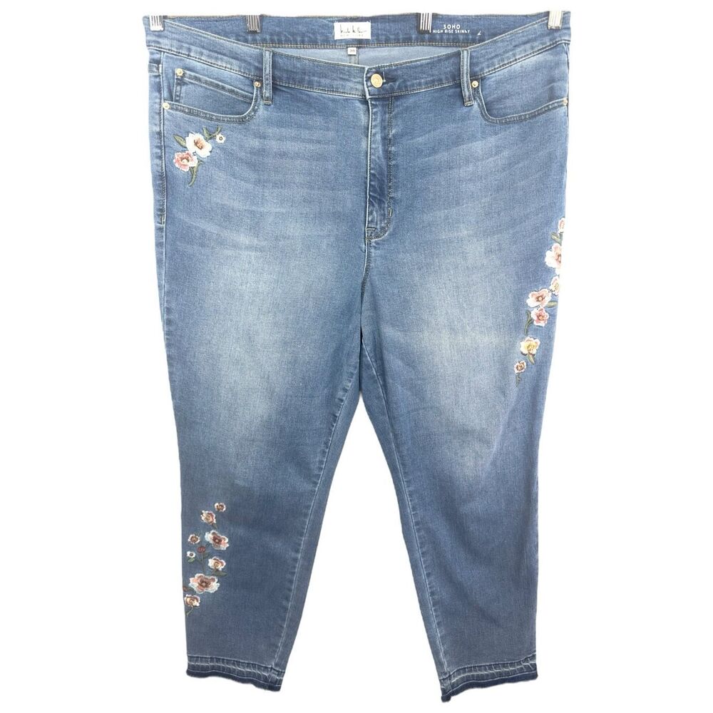 Nicole Miller Plus Size 20 High Rise Skinny Jeans Floral Embroidered Raw Hem 677